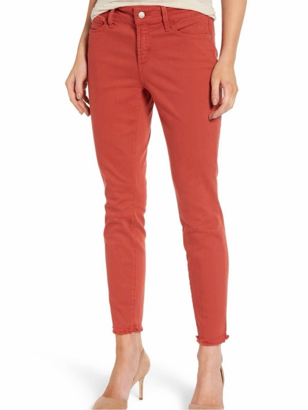 NWT NYDJ Alina Frayed Hem Ankle Skinny Jeans โCoppertoneโ Sz 4 Rust Orange Fall